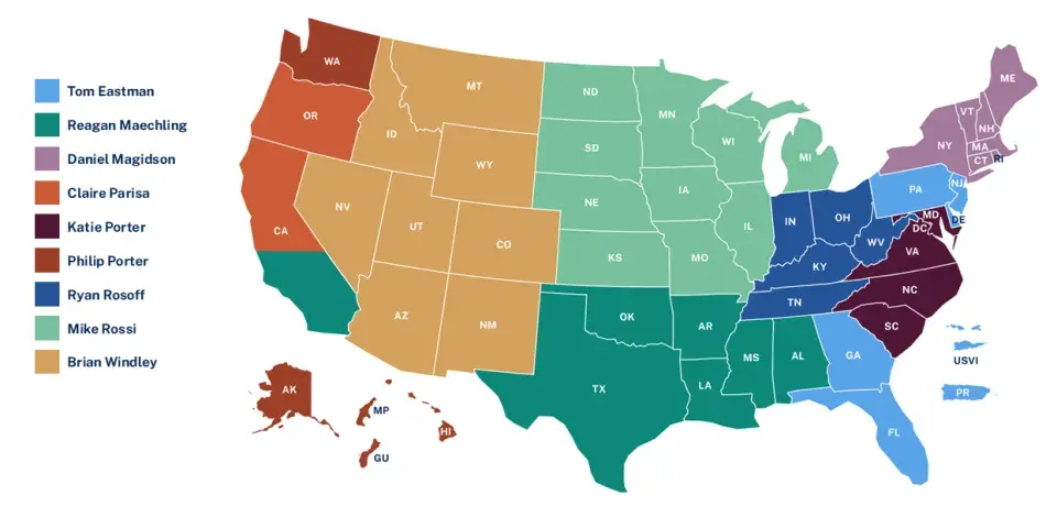 Map of the United States shaded in different colors to represent the regions covered by specific originators at Enterprise