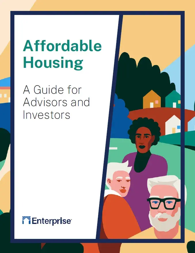 Affordable Housing: A guide for Advisors and Investors in a white trapezoid on top of an illustration of people outside