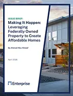 Issue Brief: Making It Happen: Leveraging Federally Owned Property to Create Affordable Homes in navy text on top of an image of a building at sunset