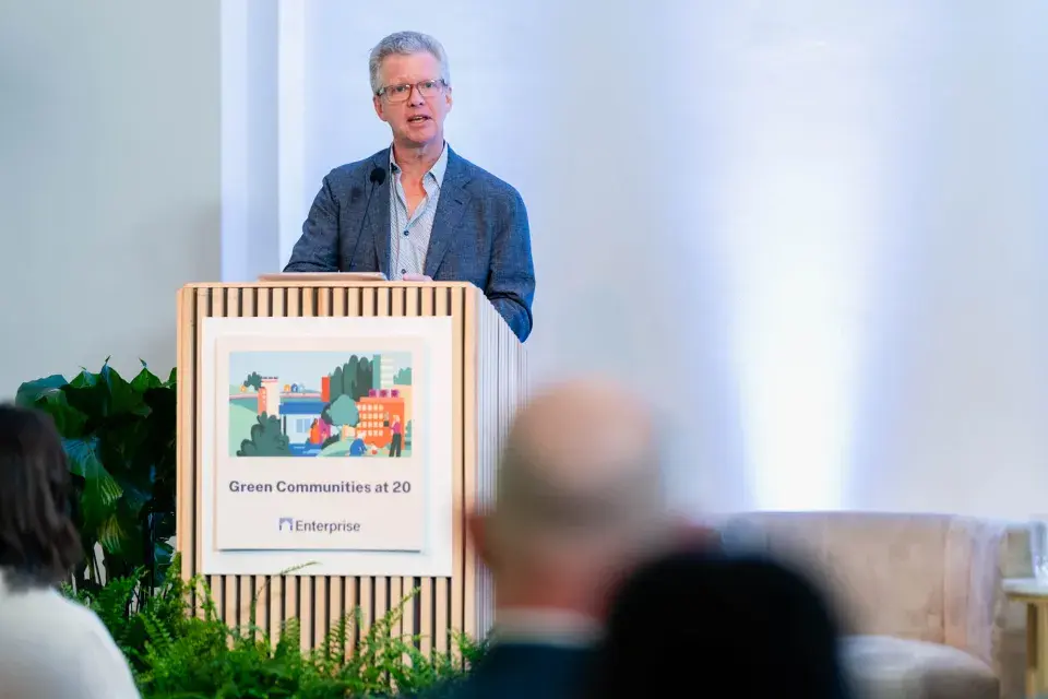 Shaun Donovan, CEO at Enterprise, speaks to an audience from a podium