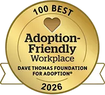 Dave Thomas Foundation for Adoption 100 Best Adoption-Friendly Workplace 2026 on a gold circle with a heart