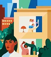Illustration of an apartment building with a father and daughter putting up a picture, a couple dancing, and a woman in the foreground