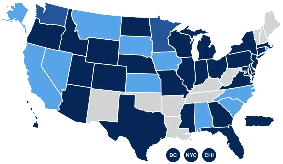 Map of United States shaded in different colors of blue and light gray to indicate the states with Enterprise Green Communities in LIHTC qualified action plans