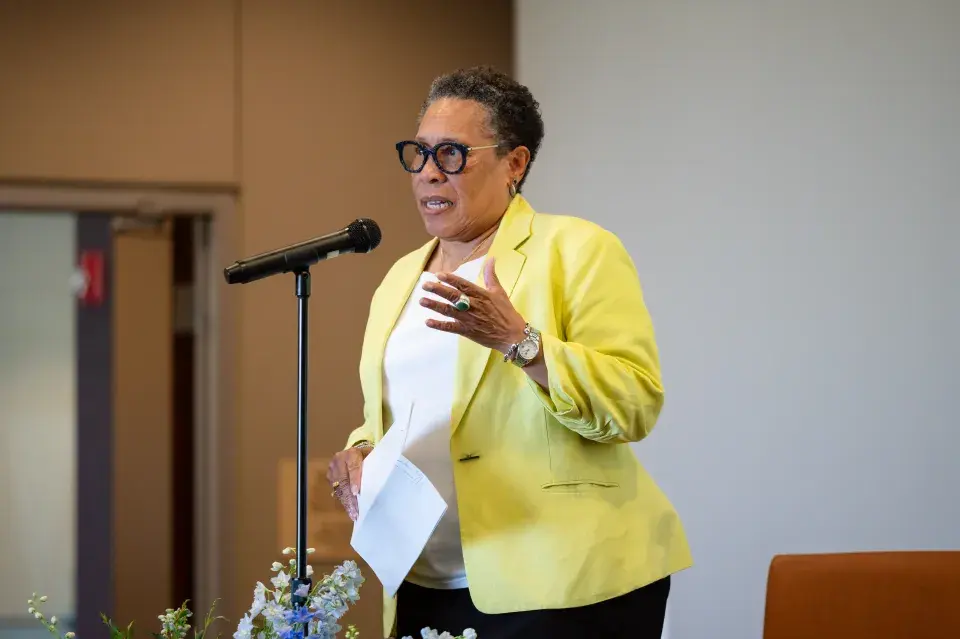 Former HUD secretary Marcia Fudge gives remarks into a microphone.