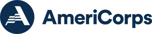 AmeriCorps in navy text beside a navy circle with an A and wavy lines in white