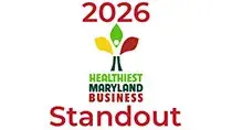 2026 Healthiest Maryland Business Standout badge with a fleur de lis symbol of petals in yellow, green, and red