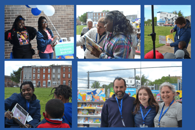 A collage of children and adults at the EWN 10th Anniversary Scholastic Book Fair in West Baltimore