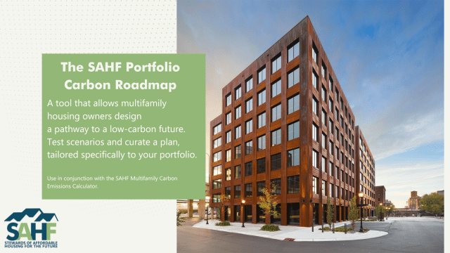 Rendering of a brick multistory building with a description of the the Portfolio Carbon Roadmap and SAHF's logo on the left.