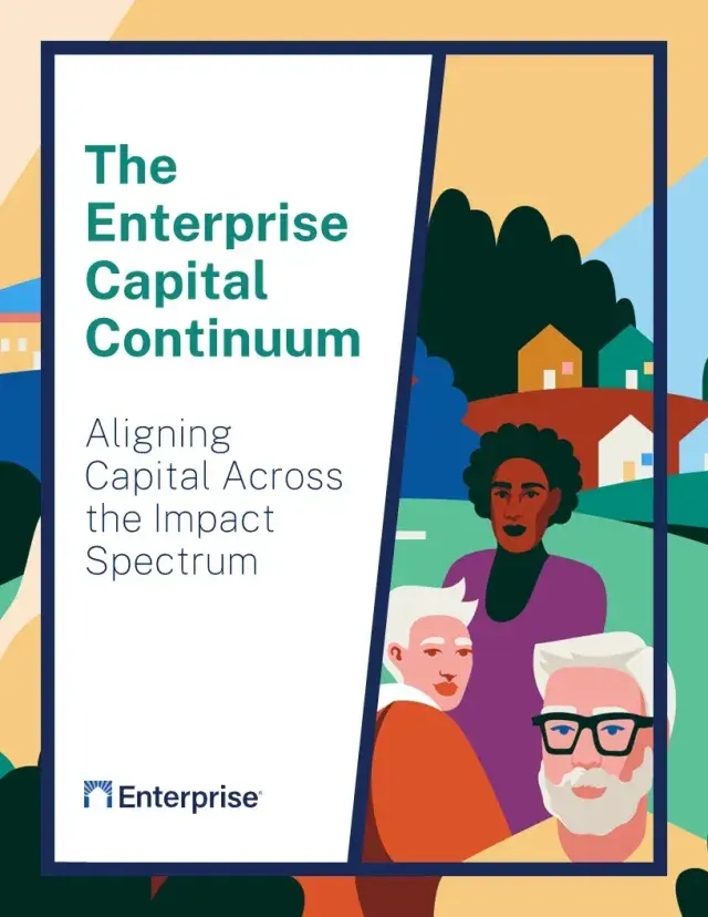 The Enterprise Capital Continuum - Aligning Capital Across the Impact Spectrum in green and black text overlaid on an illustration of people with trees and houses in the background