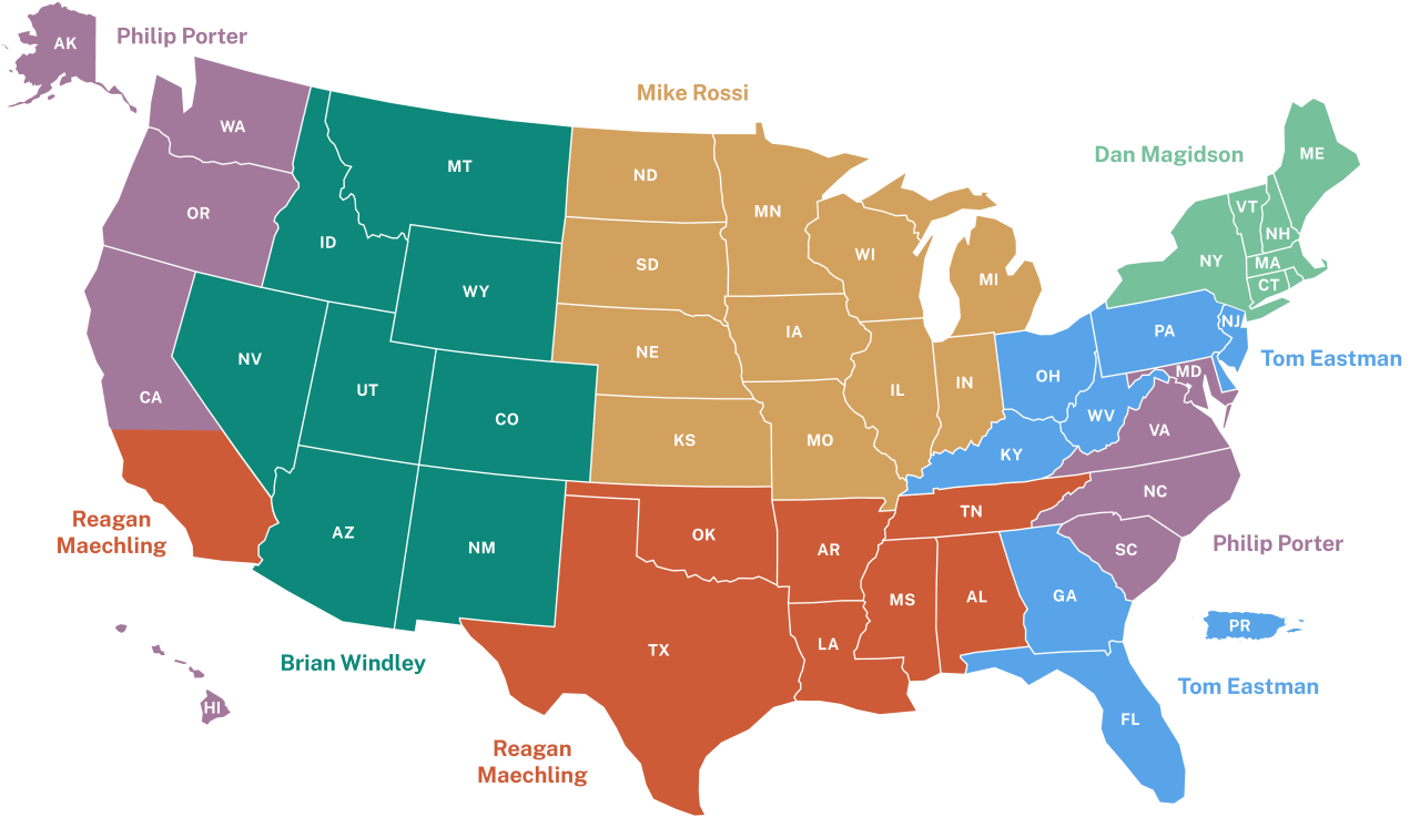 Map of the United States shaded in different colors to show the specific region that the originators cover