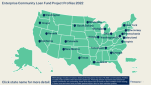 Map of the United States with blue dots on each state with an Enterprise Community Loan Fund Project Profile in 2022