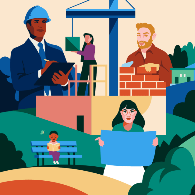 Illustration of construction worker, child on a bench, and woman planner