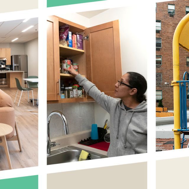 A trio of photos featuring Thessalonica Court: A resident sitting in the community room, a resident reaching into her kitchen cabinet, and a child in the property's courtyard.