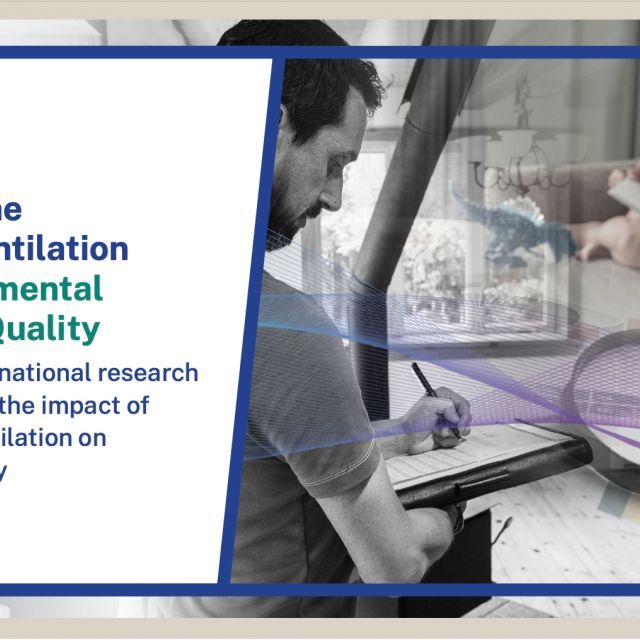 Findings from Studying the Optimal Ventilation for Indoor Air Quality Summary cover image with a man looking at a clipboard and a woman sitting with her son