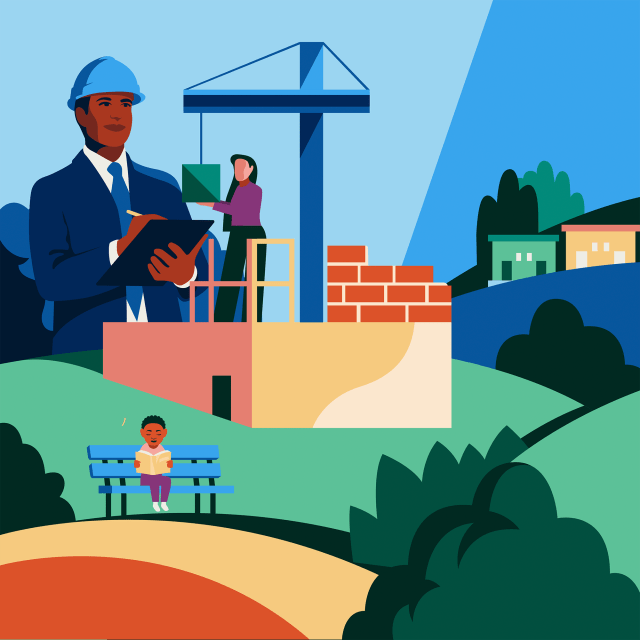 Funder block illustration of a man wearing a hard hat writing on a clipboard, a woman standing on a platform, boy sitting on a bench outside on a hillside