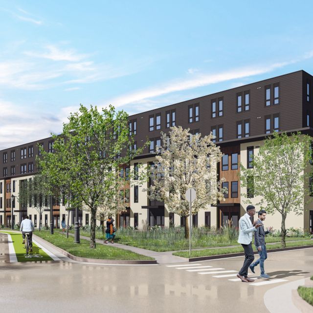 An artist's rendering of an apartment building