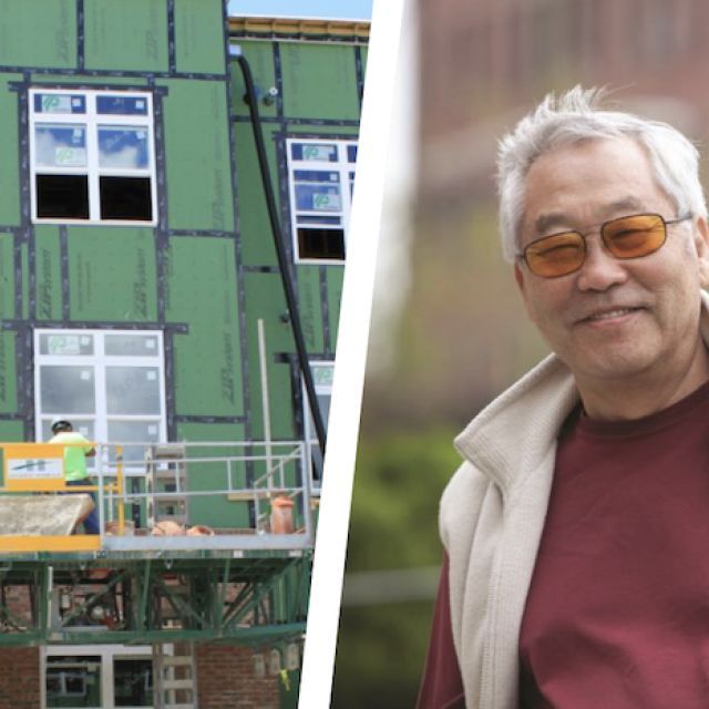 Construction workers on scaffolding and a senior man with glasses