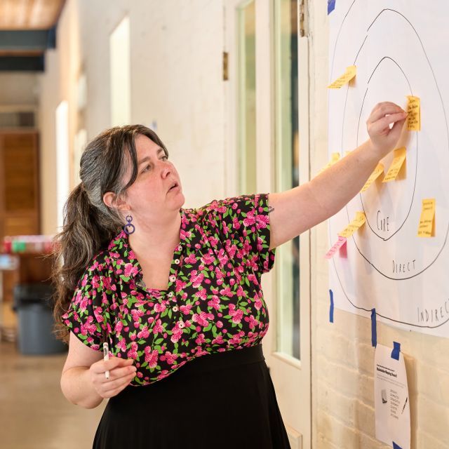 Woman places a Post-It Note on a poster taped on the wall
