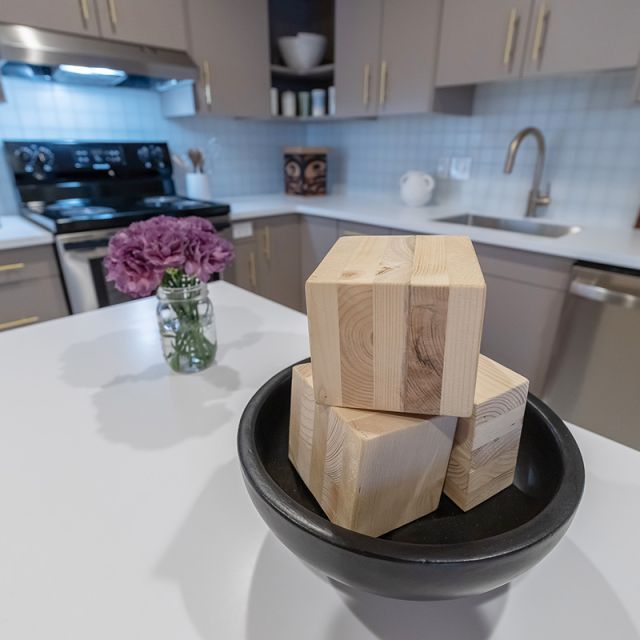 Three wooden blocks sitting on the counter of a new kitchen