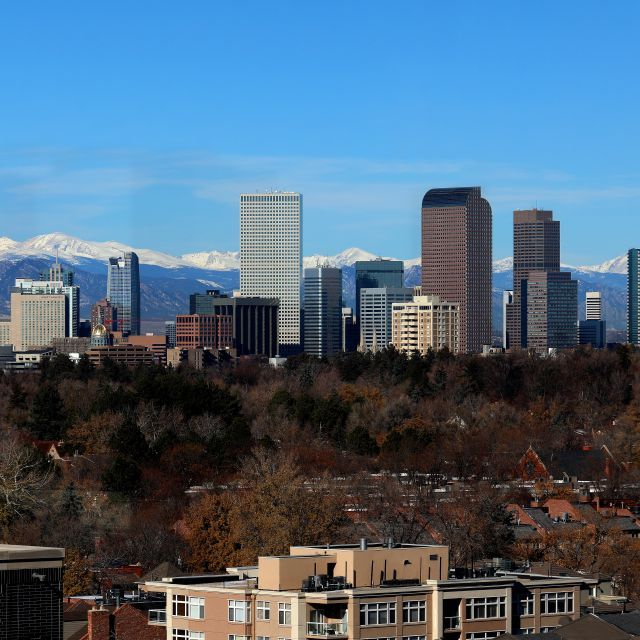 View of Denver skyline with Rocky mountains