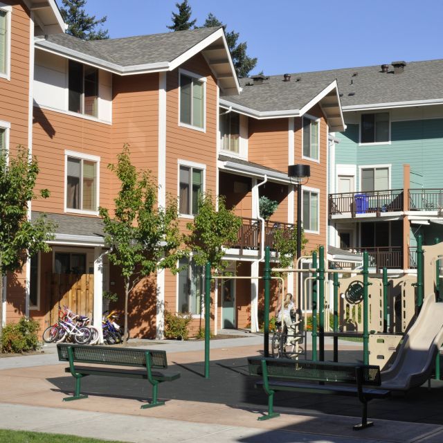 Apartment buildings with a courtyard and playground