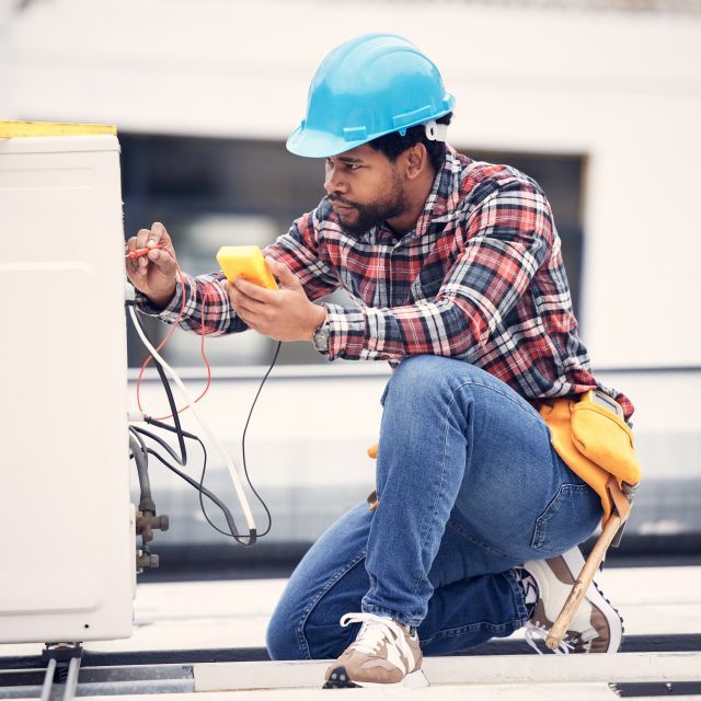 Person in plaid shirt wearing a blue construction hat kneels down to work on a heat pump.