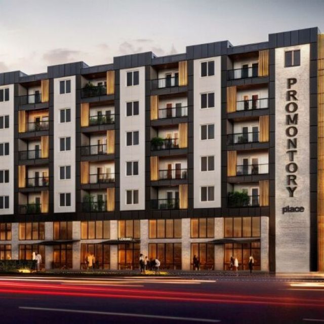 Colorful rendering of apartment building