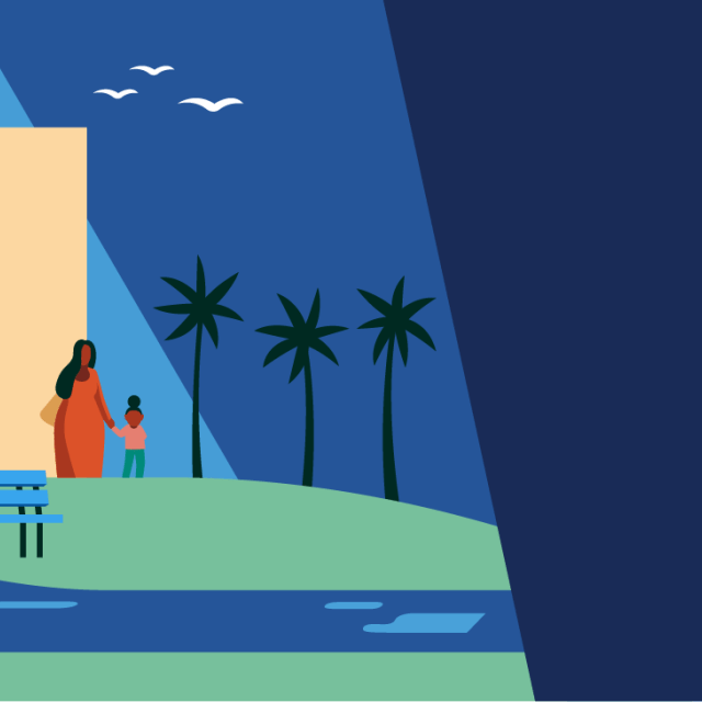 Enterprise Southland Social illustration of a person sitting on a bench by water with a mother and child walking by buildings and palm trees in the background