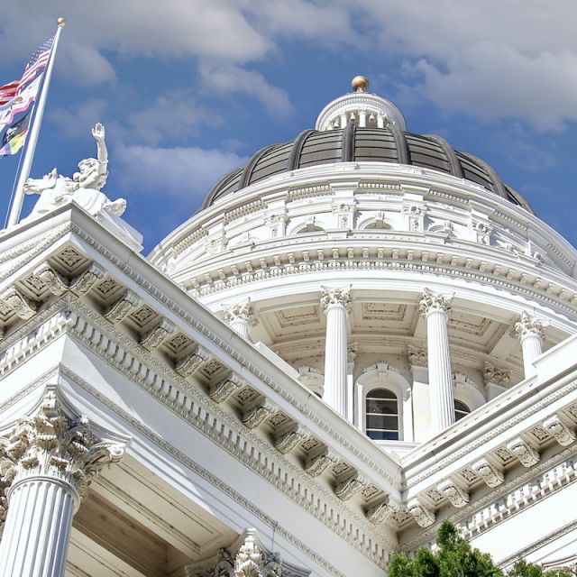 White domed building with flags