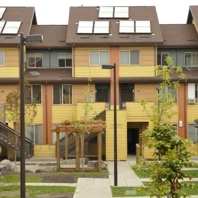 Multifamily housing development in golden hues with greenery and solar panels on the roofs