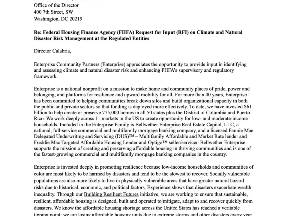 Comments on FHFA’s RFI on Climate Risk at the Regulated Entities