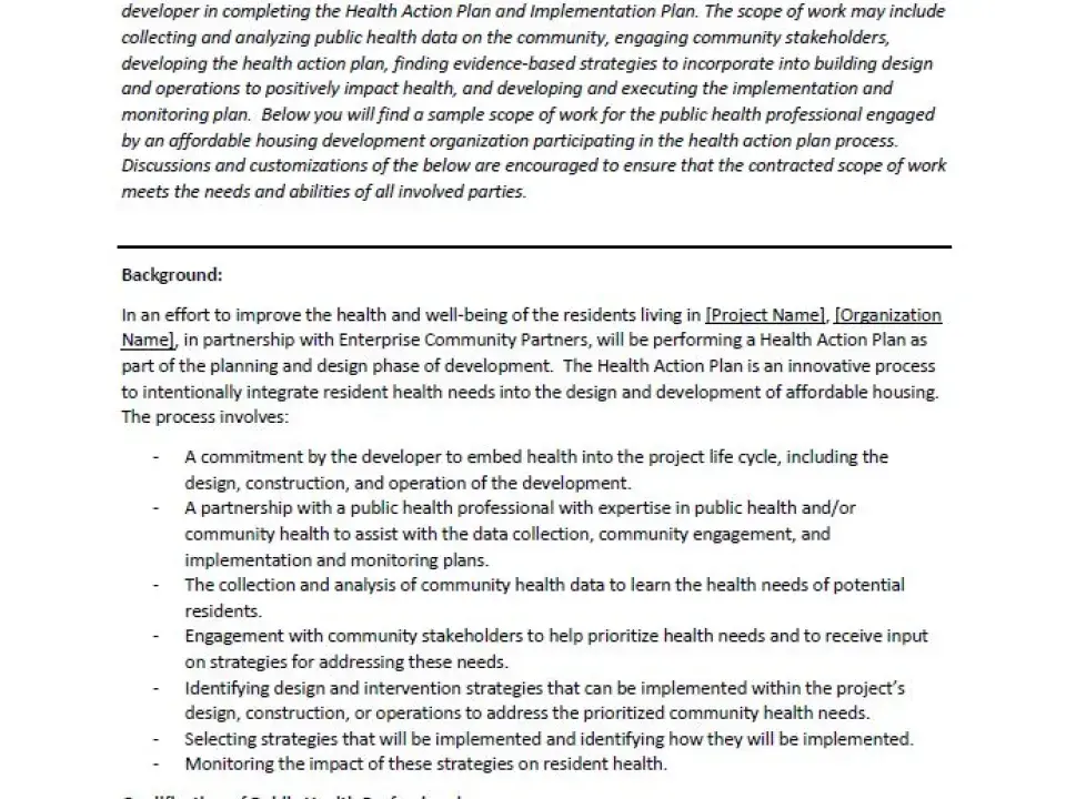 Template Scope of Work: Public Health Professional Performing Health Action Plan