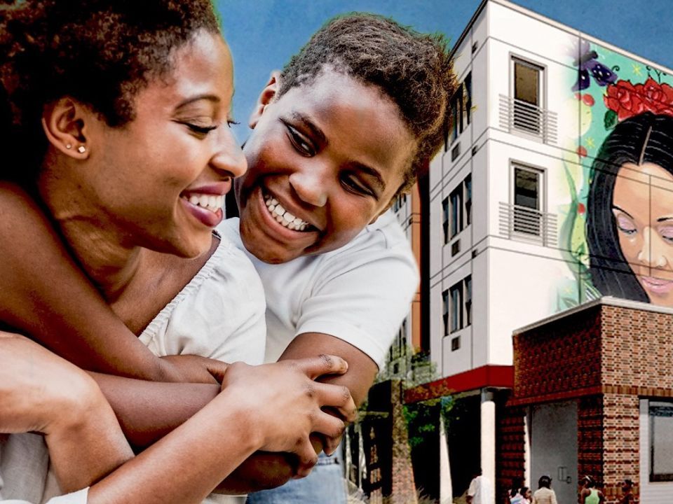 woman and child, new residential building with mural