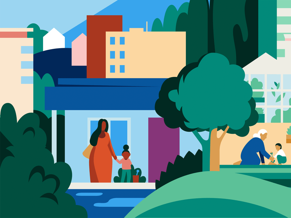 Illustration of woman and child in front of a house