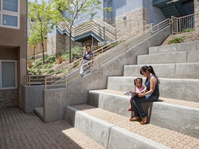 A family on the steps