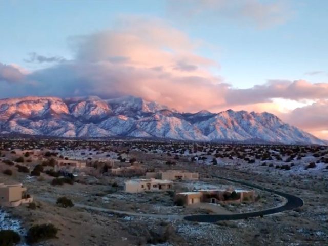 Snowy mountain landscape with a community