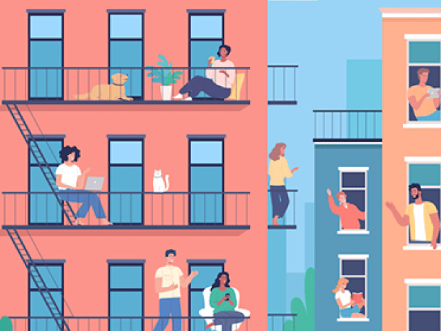 Illustration of apartment building with people sitting on balconies, looking out windows, or standing on the fire escape